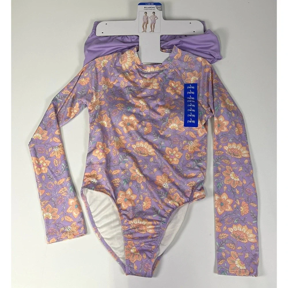 Billabong Girls Purple Floral 2-Piece Swim Set Rash Guard Bodysuit Shorts 14/16